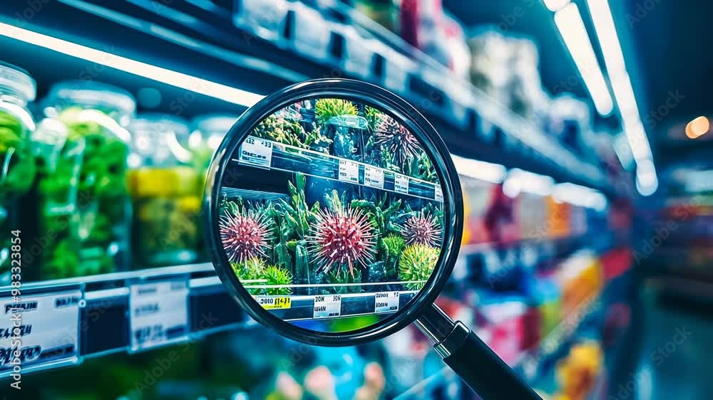 An image shows a magnifying glass focusing on produce, particularly colorful fruit, on a grocery store shelf. The scene is bright and well-lit, seemingly taken during the daytime. Various items are An image shows a magnifying glass focusing on produce, particularly colorful fruit, on a grocery store shelf. The scene is bright and well-lit, seemingly taken during the daytime. Various items are