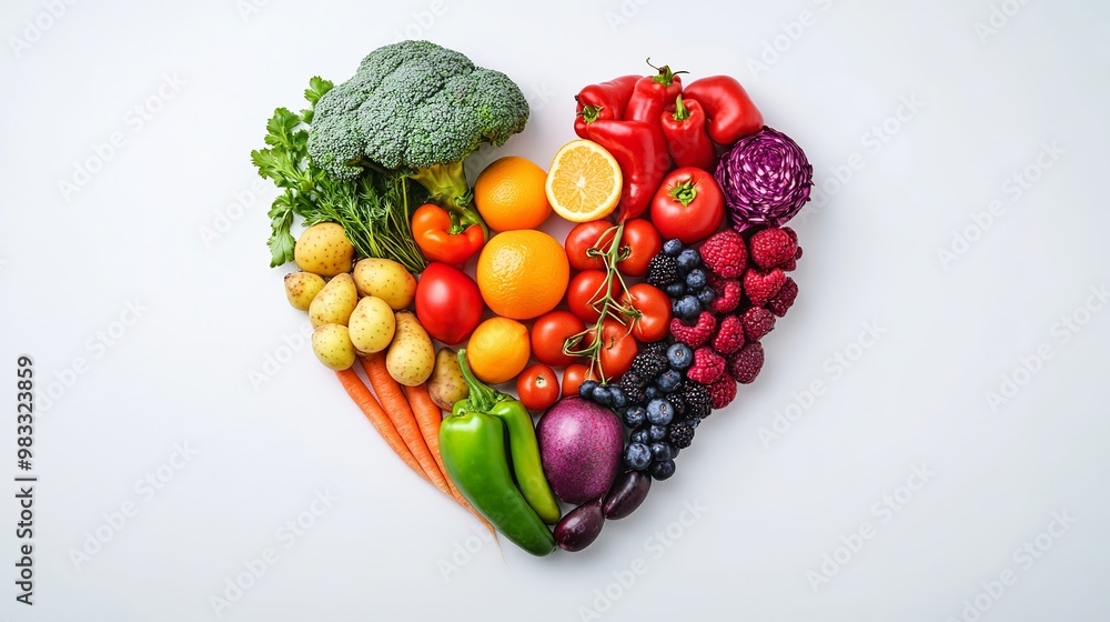 Nourishing Nature: A Vibrant Heart-Shaped Arrangement of Fresh Fruits and Vegetables on a Pristine White Canvas, Celebrating Health, Wellness, and the Bounty of Nature Nourishing Nature: A Vibrant Heart-Shaped Arrangement of Fresh Fruits and Vegetables on a Pristine White Canvas, Celebrating Health, Wellness, and the Bounty of Nature