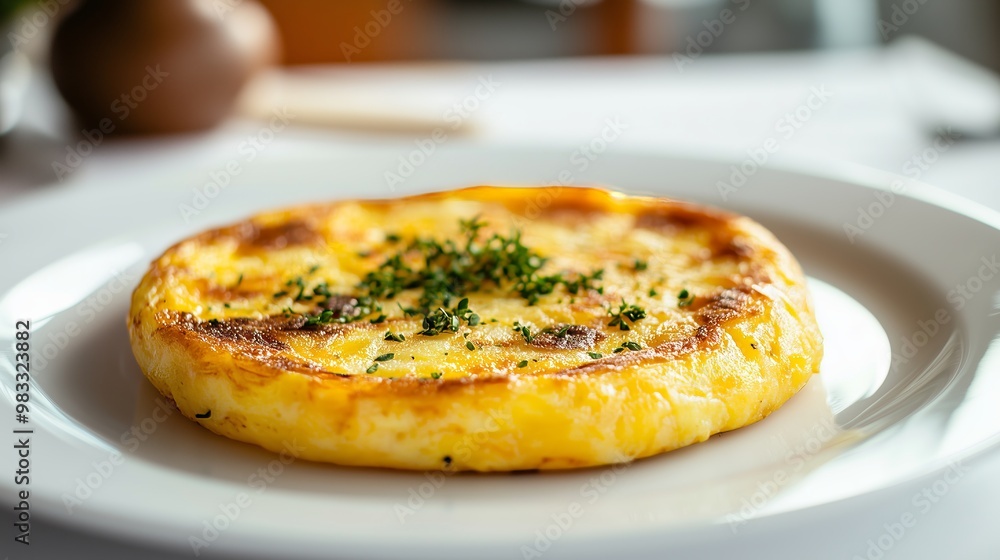 A vibrant Spanish tortilla de patatas shines on a white plate, set in a cozy kitchen backdrop. A vibrant Spanish tortilla de patatas shines on a white plate, set in a cozy kitchen backdrop.