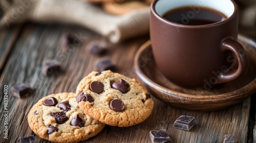 A wooden table displays chocolate-chip cookies and a cup filled with a hot beverage. 