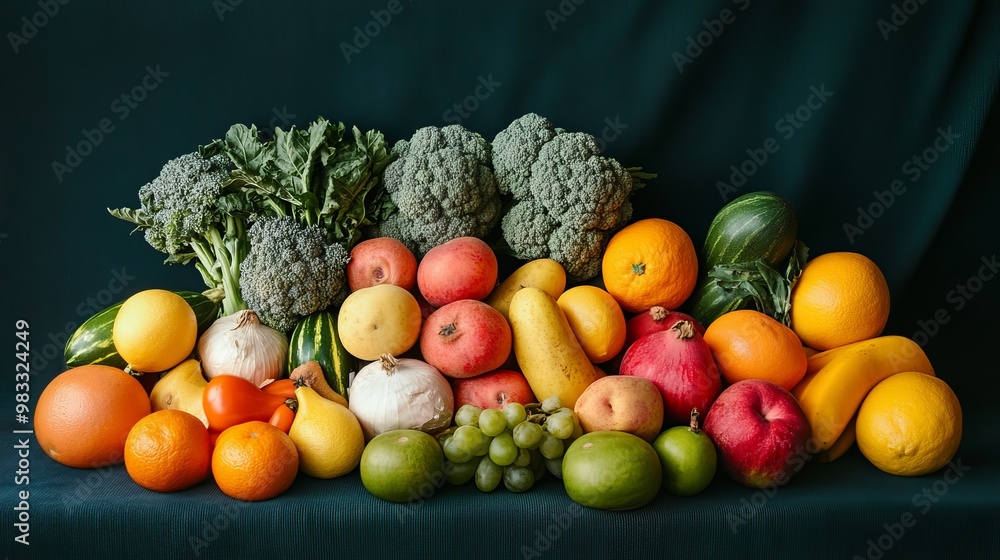 Abundant Still Life: A Stacked Display of Fresh Fruits and Vegetables Celebrating Nature's Bounty and the Art of Organic Harvest Abundant Still Life: A Stacked Display of Fresh Fruits and Vegetables Celebrating Nature's Bounty and the Art of Organic Harvest