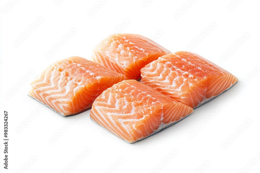 Fresh Salmon Fillets Isolated Flat Lay View of Raw Salmon Portions on White Background. Fresh Salmon Fillets Isolated Flat Lay View of Raw Salmon Portions on White Background.