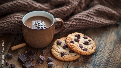 A wooden table displays chocolate-chip cookies and a cup filled with a hot beverage. 