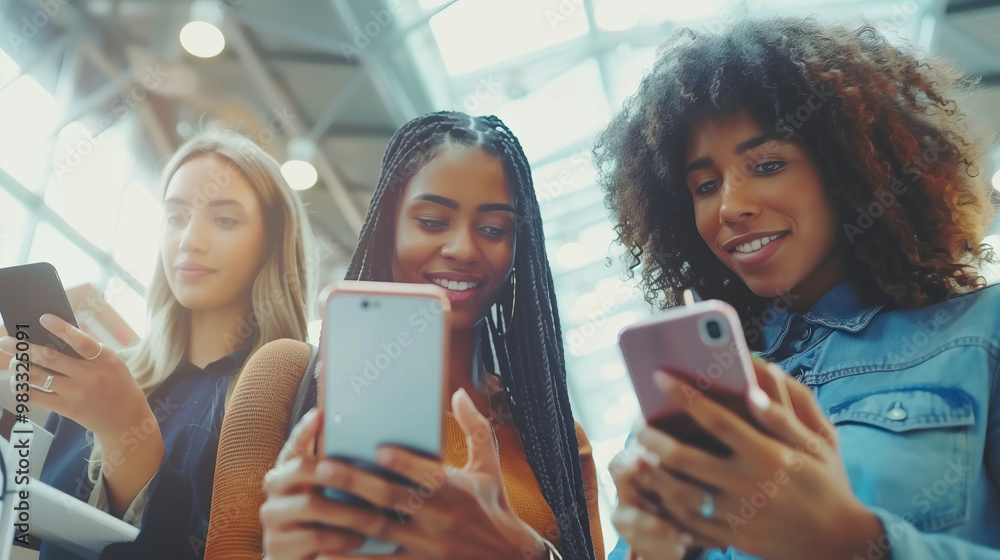 Three Women Engaged in Lively Conversation While Using Their Smartphones Indoors Three Women Engaged in Lively Conversation While Using Their Smartphones Indoors