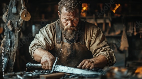 Skilled Blacksmith Forging a Blade in Workshop