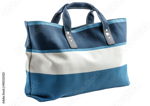 A stylish blue and white striped tote bag, perfect for casual outings, featuring a spacious design and durable fabric. photo