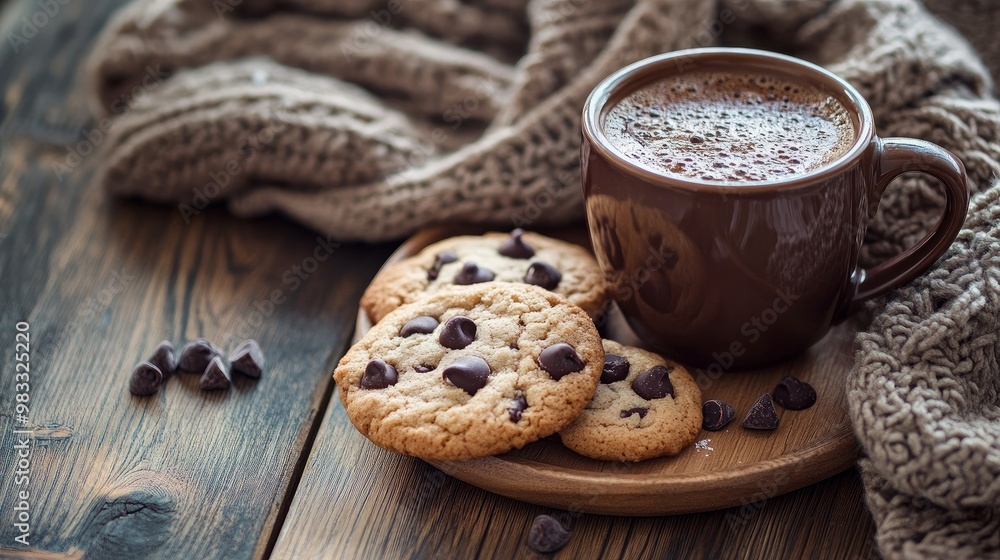 A wooden table displays chocolate-chip cookies and a cup filled with a hot beverage.
A wooden table displays chocolate-chip cookies and a cup filled with a hot beverage.