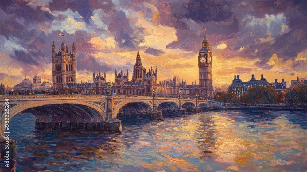Fototapeta premium Sunset View of London with Big Ben and Parliament