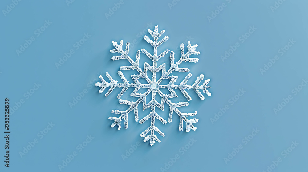 A single, white snowflake on a light blue background. A single, white snowflake on a light blue background.