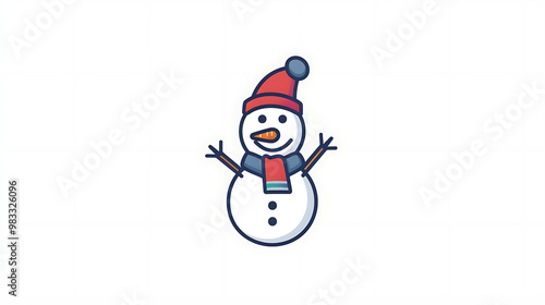 A cartoon snowman with a red hat and a blue scarf.