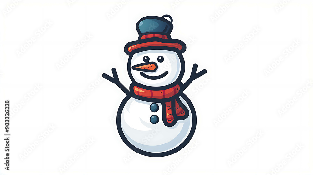 Smiling snowman with a red scarf and blue hat. Smiling snowman with a red scarf and blue hat.