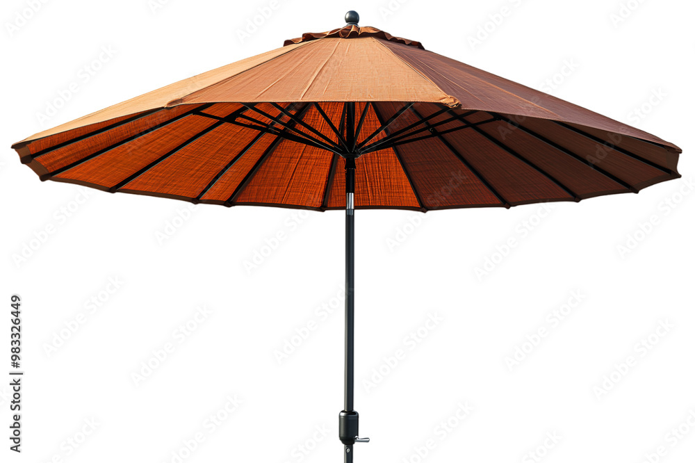 An orange umbrella with a black pole stands open, providing shade against a clear blue sky.
An orange umbrella with a black pole stands open, providing shade against a clear blue sky.
