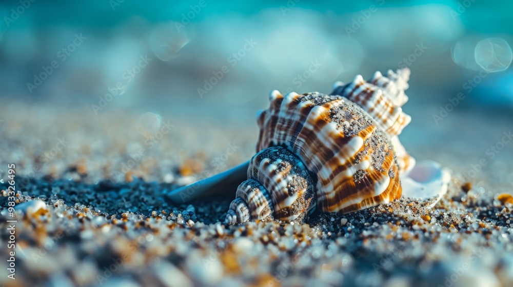 A seashell on a sandy beach with the ocean in the background. A seashell on a sandy beach with the ocean in the background.