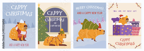 Merry Christmas and happy New Year greeting cards with funny capybara vector set.
