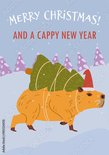 Christmas greeting card with cute capybara in Santa's hat carrying tied Christmas tree on it's back flat vector illustration.