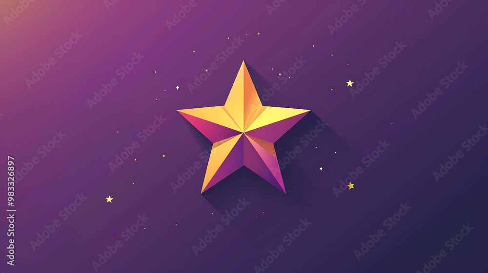 A single golden star with a long shadow on a purple background with small stars. A single golden star with a long shadow on a purple background with small stars.