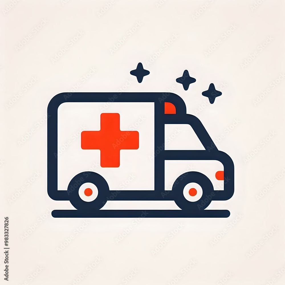 Ambulance car icon with a medical kit, depicting emergency transport and rescue services in a cartoon-style illustration Ambulance car icon with a medical kit, depicting emergency transport and rescue services in a cartoon-style illustration