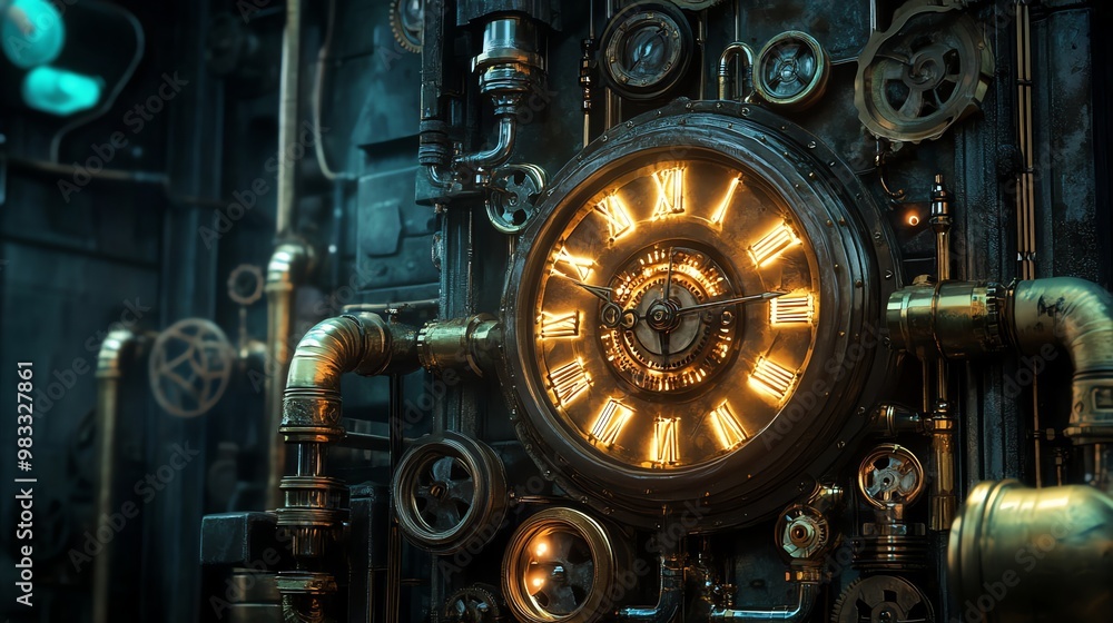 A steampunk clock face glows with warm light in a dark, intricate, metallic machine. A steampunk clock face glows with warm light in a dark, intricate, metallic machine.