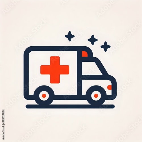 Ambulance car icon with a medical kit, depicting emergency transport and rescue services in a cartoon-style illustration