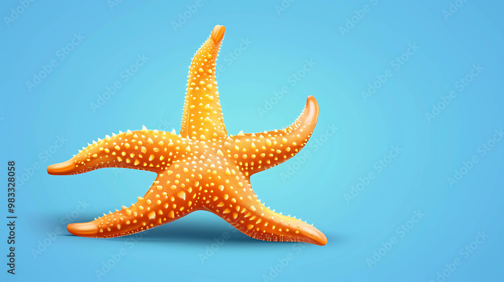 A bright orange starfish with a textured surface against a light blue background. A bright orange starfish with a textured surface against a light blue background.
