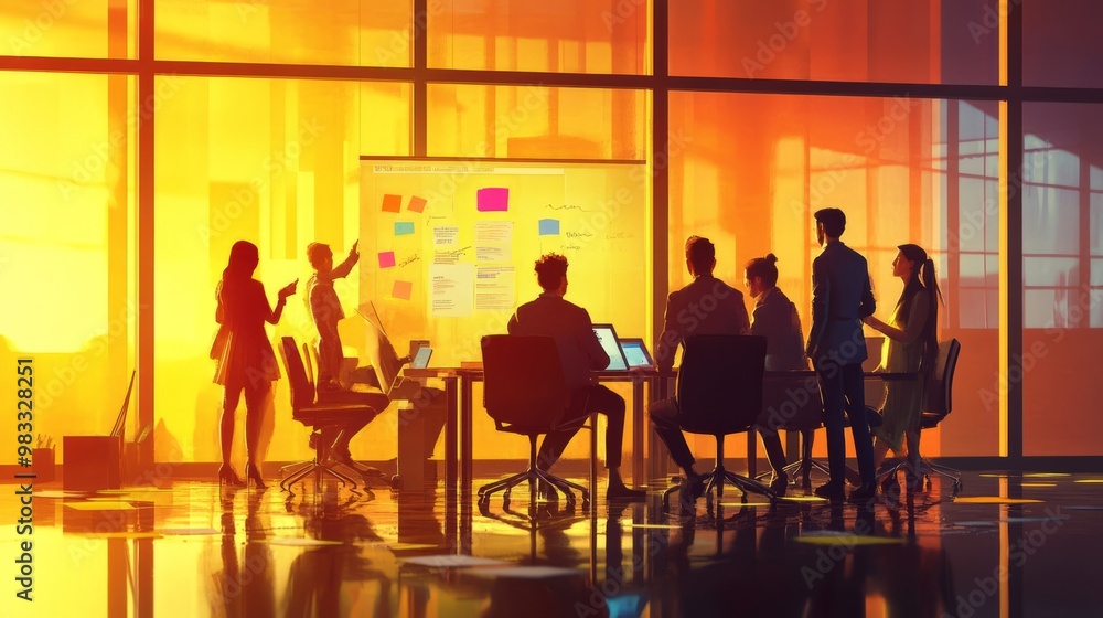Team Collaboration in Modern Office Environment at Sunset Team Collaboration in Modern Office Environment at Sunset