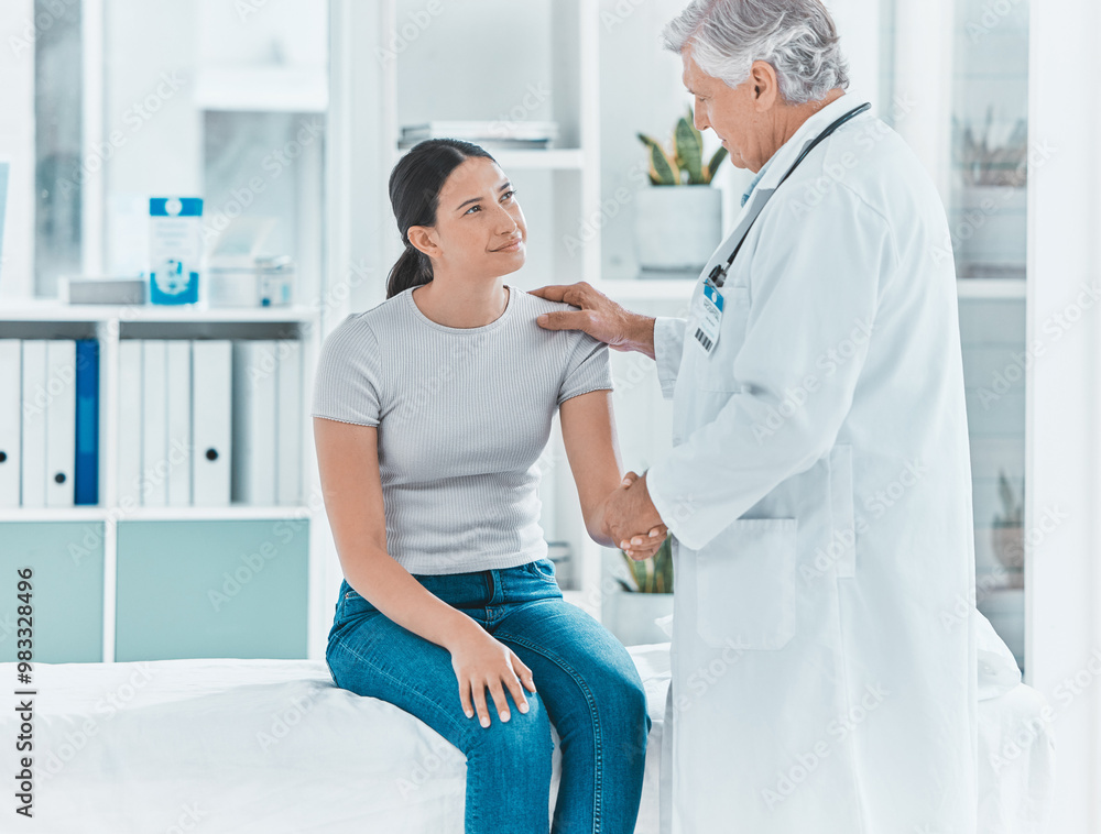 Obraz premium Doctor, woman and handshake in office for support, empathy and friendly service in healthcare. Mature gynecologist, patient and gesture in practice for trust, consultation and assurance in clinic