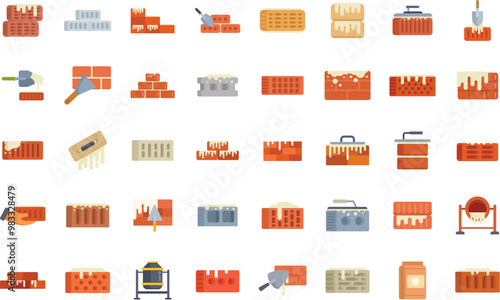 Bricklaying tools and process with different types of bricks and steps