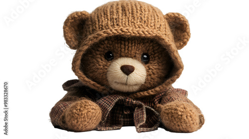 A brown teddy bear adorned with a cozy knitted hat, exuding warmth and charm in a delightful display.