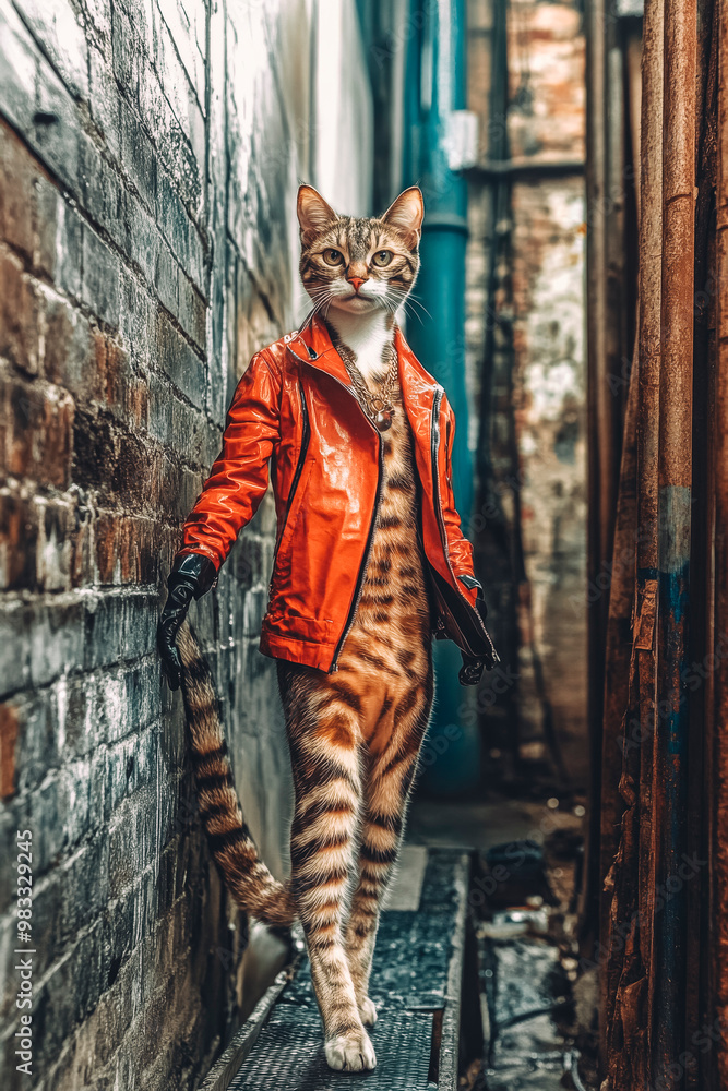 Stylish Cat in Red Leather Jacket Struts in Alleyway Stylish Cat in Red Leather Jacket Struts in Alleyway