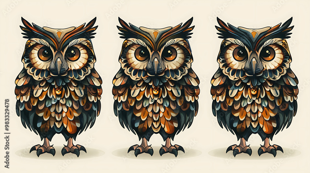 Fototapeta premium Three cartoon owls with intricate feathers and a small golden bell.