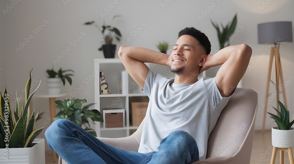 A happy man practicing relaxation exercises at home in his spacious and bright flat. He is sitting on a comfortable chair with his eyes closed. He is wearing a grey t-shirt and blue jeans. A happy man practicing relaxation exercises at home in his spacious and bright flat. He is sitting on a comfortable chair with his eyes closed. He is wearing a grey t-shirt and blue jeans.