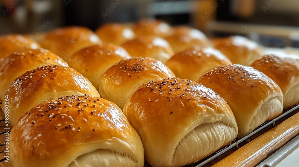Freshly baked golden buns cooling on a rack in a cozy kitchen after a busy morning of baking Freshly baked golden buns cooling on a rack in a cozy kitchen after a busy morning of baking