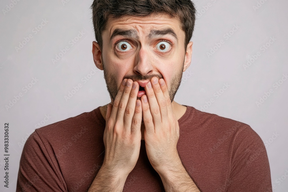 A Man Covering His Mouth In Shock With Wide Eyes A Man Covering His Mouth In Shock With Wide Eyes