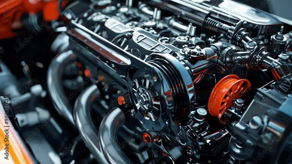 Powerful v8 engine is running, showcasing its shiny chrome and metal parts, highlighting the complexity and beauty of modern automotive engineering Powerful v8 engine is running, showcasing its shiny chrome and metal parts, highlighting the complexity and beauty of modern automotive engineering