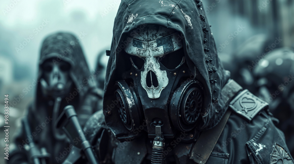 A group of people wearing gas masks and holding guns