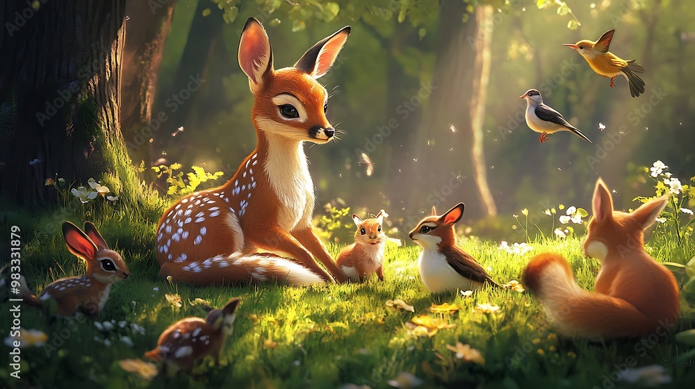 Cute cartoon deer and baby animals in forest, illustration Cute cartoon deer and baby animals in forest, illustration