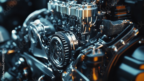 Close-up of a car engine with intricate details and shiny metal parts, showcasing mechanical engineering and automotive technology. photo