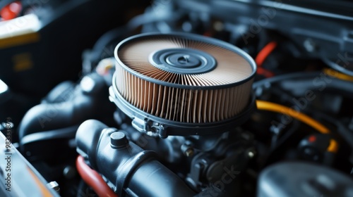 Close-up of a car engine's air filter in a vehicle. Detailed view showcasing mechanical components and clean filter.