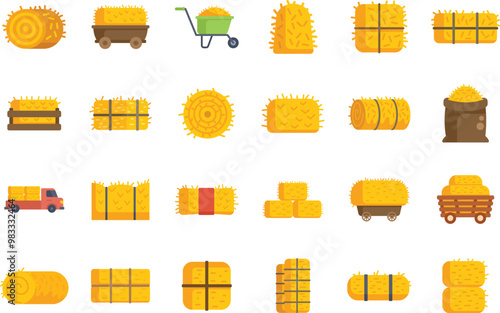 This set of icons shows hay bales being harvested, stored, and transported in different ways