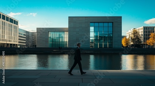 A businessman walks along the waterfront in a modern urban setting during sunset in Berlin, reflecting a calm and vibrant city life