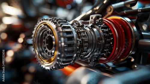 Close-up of a complex, detailed mechanical gear system, showcasing engineering and precision in an industrial setting. photo