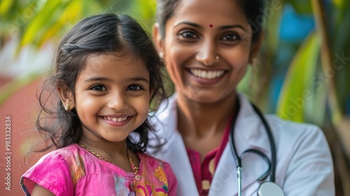 Smiling girl with doctor in vibrant outdoor setting