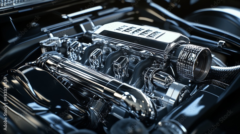 Close-up of a high-performance car engine showing intricate details and polished components, housed within a sleek and glossy vehicle compartment. Close-up of a high-performance car engine showing intricate details and polished components, housed within a sleek and glossy vehicle compartment.