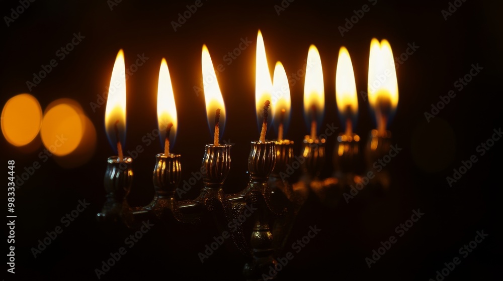 Burning Candles on a Menorah in the Dark Burning Candles on a Menorah in the Dark