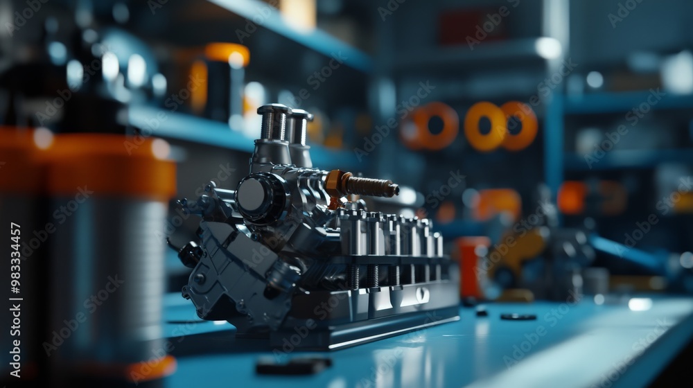 Close-up of a mechanical engine part in a well-equipped modern workshop, with blurred tools and components in the background. Close-up of a mechanical engine part in a well-equipped modern workshop, with blurred tools and components in the background.