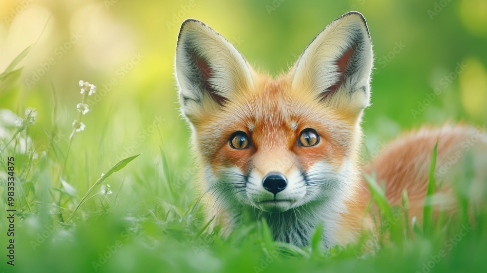 Obraz premium A close up of a fox in the grass with flowers, AI