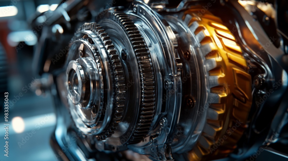 Fototapeta premium Close-up of a metal gear mechanism with intricate details and reflections, showcasing engineering and precision in mechanical components.