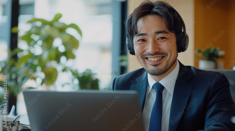Professional Businessman with Headphones in Office Setting Professional Businessman with Headphones in Office Setting