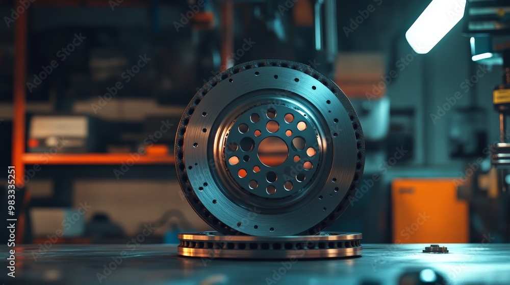 Fototapeta premium Close-up of a metallic automotive brake rotor in a workshop setting, showcasing its precision engineering and design.