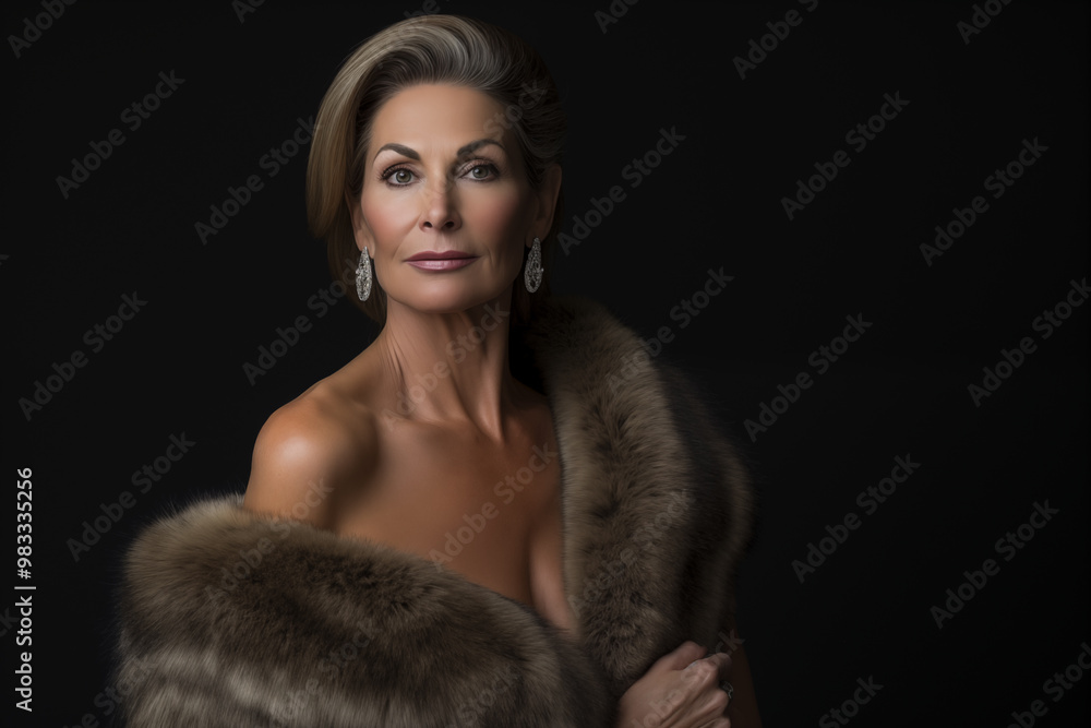 studio style portrait of a beautiful elegant woman dressed in expensive fur and jewelry with black background studio style portrait of a beautiful elegant woman dressed in expensive fur and jewelry with black background